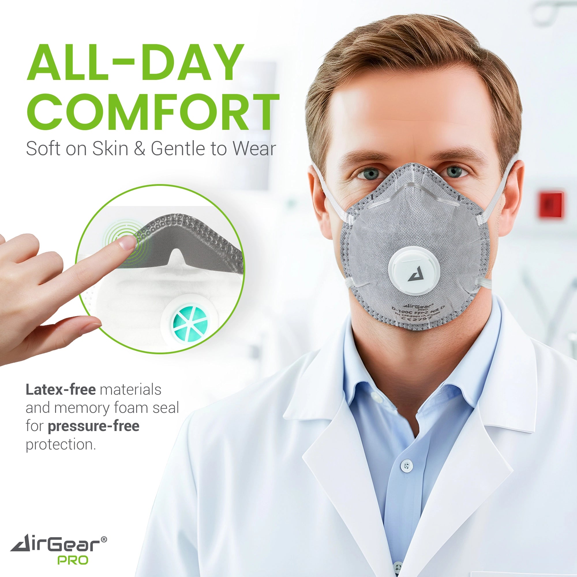 AirGearPro D100C FFP2 Disposable Respirator Mask - CE 2797 Certified, Cool-Flow Valve, Activated Carbon