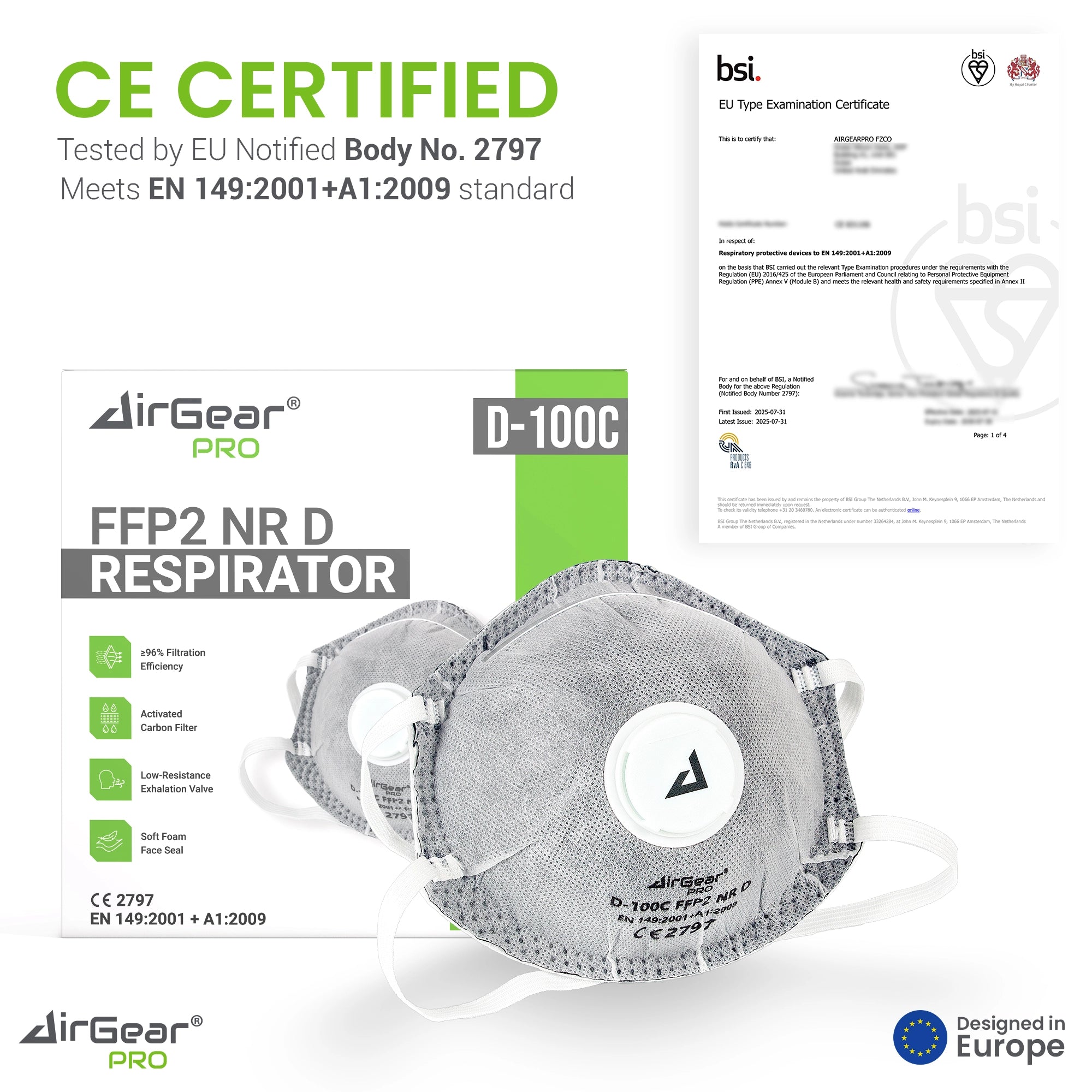 FFP2 Staubmaske D-100C - CE 2797 zertifiziert, Cool-Flow-Ventil, Aktivkohle