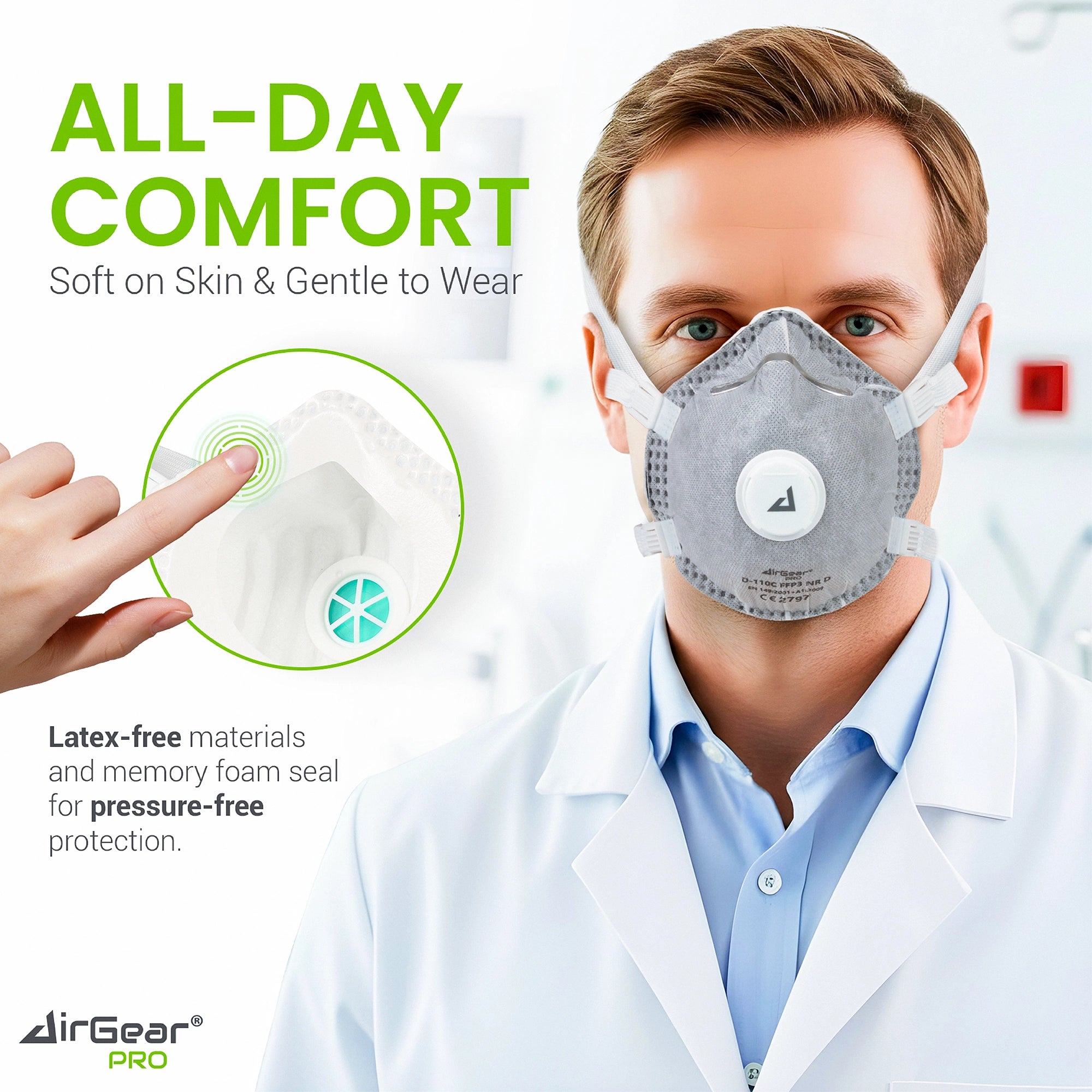 AirGearPro D110C FFP3 Disposable Respirator Mask - CE 2797 Certified, Exhalation Valve, Activated Carbon