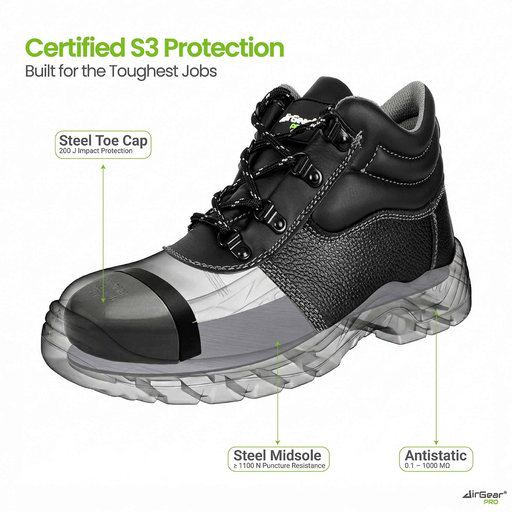 AirGearPro Defender S3 SR Safety Shoes - Steel Toe, Anti-Puncture, Slip-Resistant, Waterproof Leather