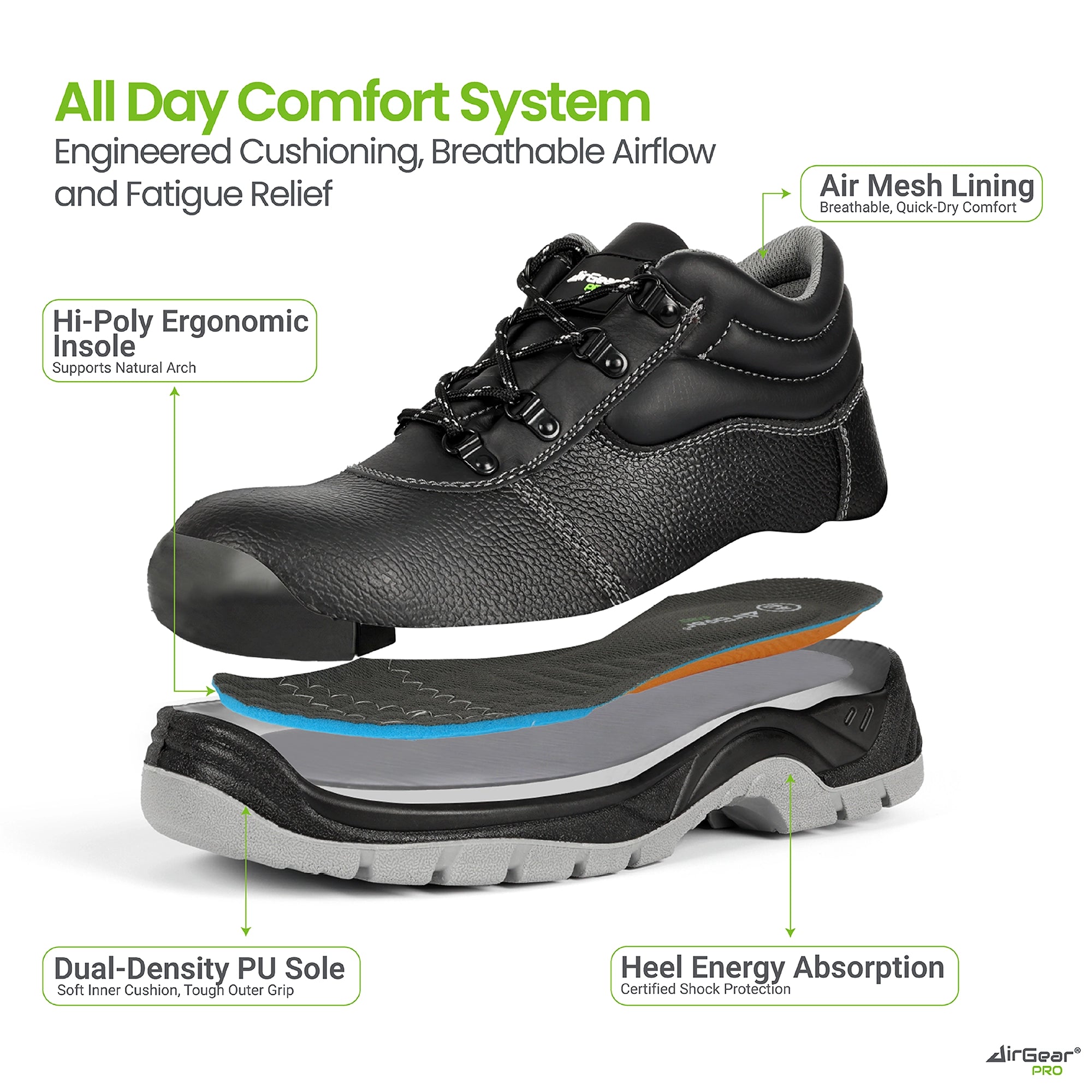 AirGearPro Defender S3 SR Safety Shoes - Steel Toe, Anti-Puncture, Slip-Resistant, Waterproof Leather