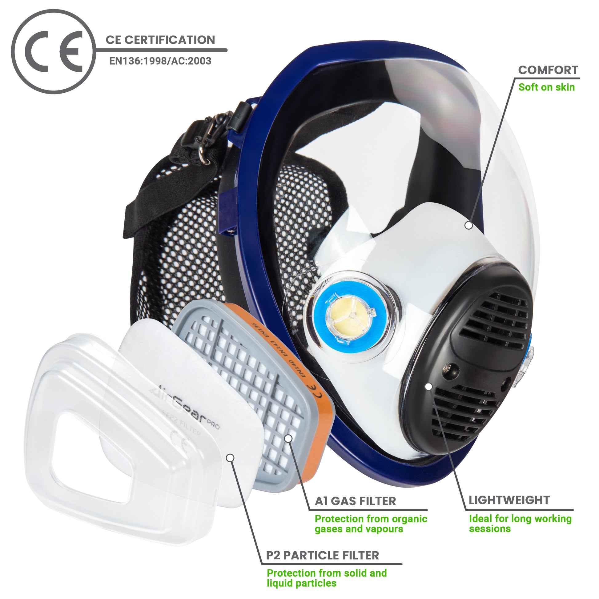 AirGearPro G-500 Masque de Protection Respiratoire Réutilisable, Anti  poussière, Anti gaz avec Filtres et Lunettes de Protection pour Peinture,  Travaux, Bricolage, Ponçage : : Bricolage