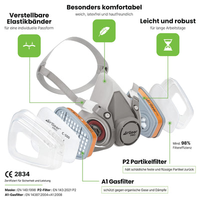 G-500 Atemschutzmaske / Gasmaske mit A1P2-Filtern und Schutzbrille