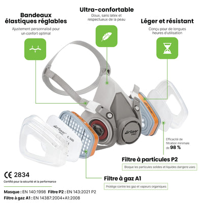 Masque à Gaz Réutilisable G-500 avec Filtres A1P2 et Lunettes de Protection