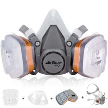 Replacement air filter mask for AirGearPro respirator with comfortable seal, lightweight design, and easy-to-change filters for enhanced respiratory protection during industrial or outdoor activities.