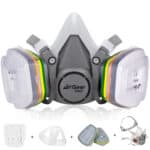 N95 respirator mask with dual cartridge filters, breathing valve, and adjustable straps for professional airflow protection and respiratory safety.