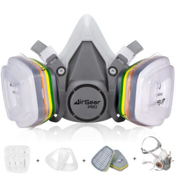 N95 respirator mask with dual cartridge filters, breathing valve, and adjustable straps for professional airflow protection and respiratory safety.