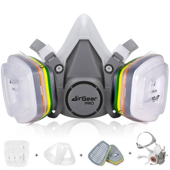 N95 respirator mask with dual filters and adjustable straps for enhanced respiratory protection, lightweight design, and comfortable fit for industrial or health-related use.