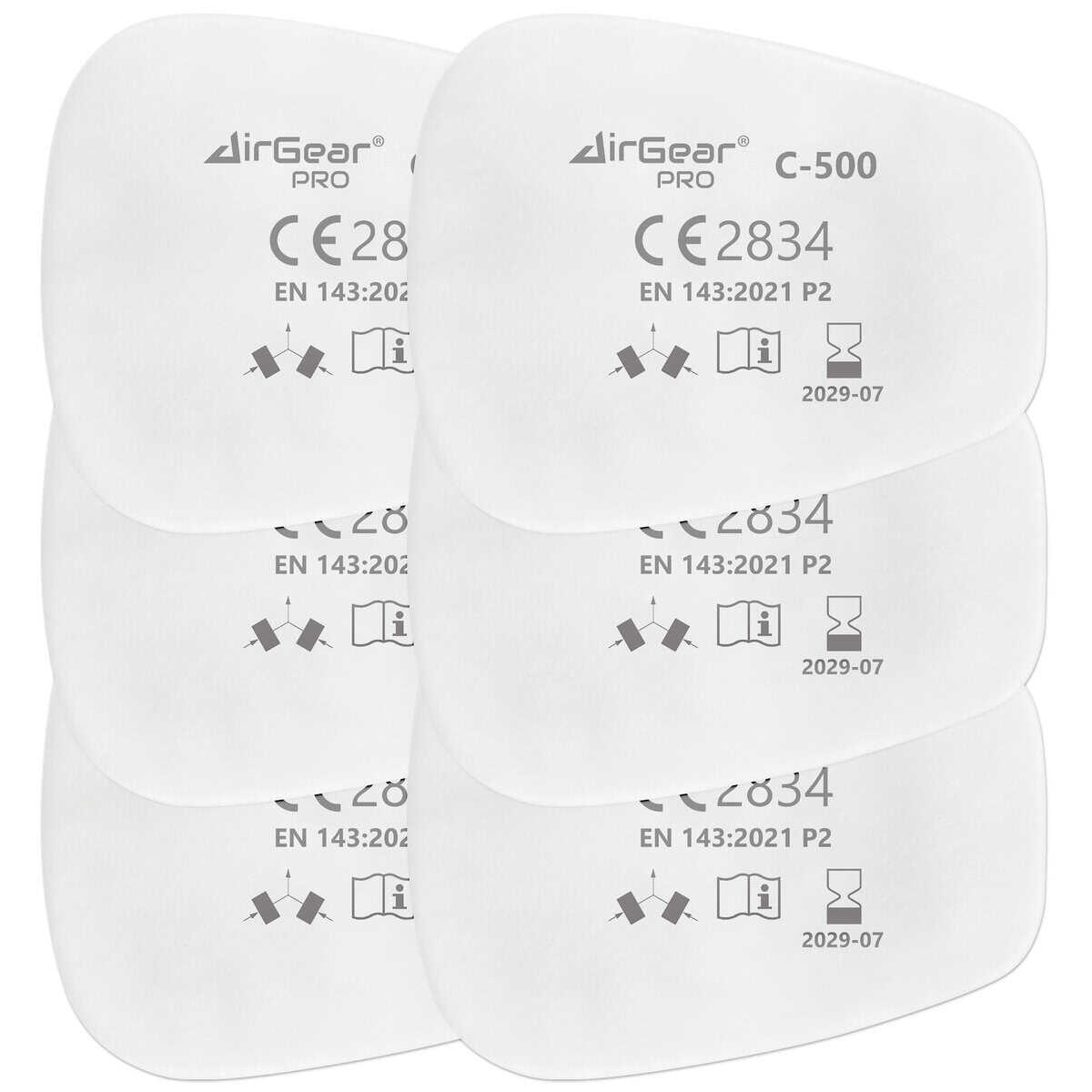 CE-approved AirGearPro C-500 replacement filters for medical masks, certified EN 143:2021 P2, essential for respiratory protection, with detailed product labeling visible in the image.