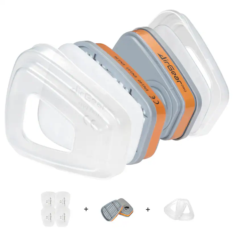 Airgearpro respiratory mask replacement filters with filter holder and mask frame for improved breathing and protection.