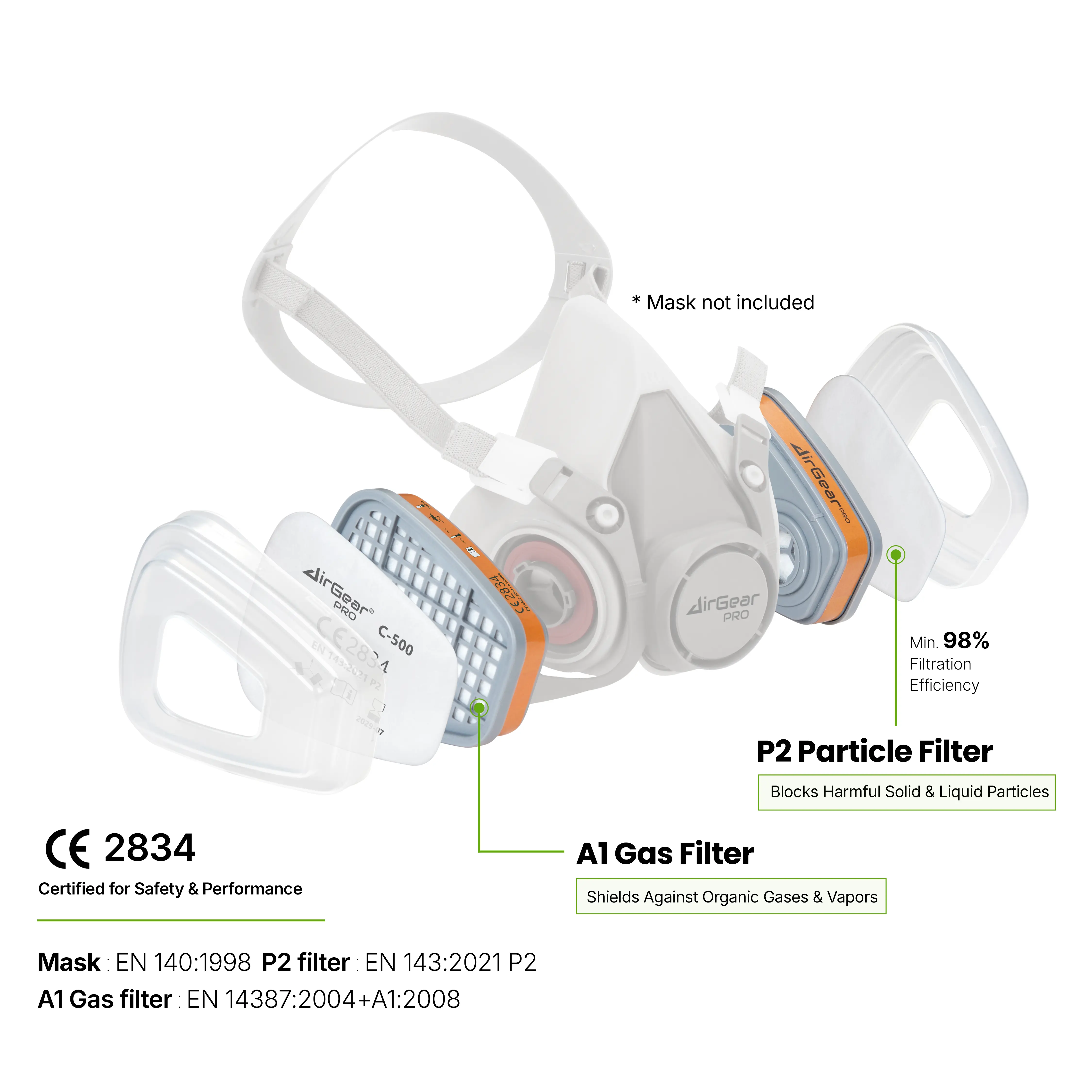 High-quality protective mask with advanced P2 particle and A1 gas filters for superior respiratory safety, featuring 98% filtration efficiency for harmful particles and organic vapors.