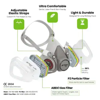 Lightweight AirGearPro safety mask with adjustable elastic straps and advanced filtration technology designed for optimal respiratory protection and comfort.