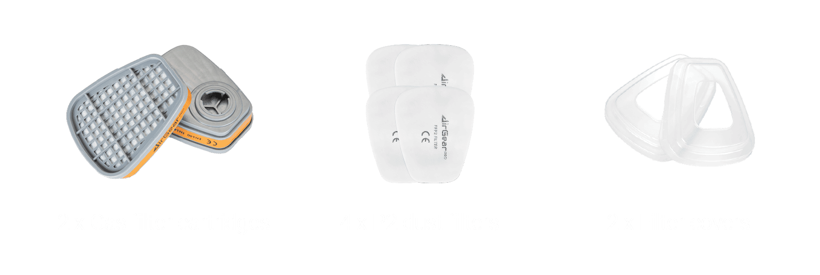High-quality gas filter cartridges, P2 dust filters, and filter covers replacement parts for AirGearPro to ensure optimal air quality and motor performance.