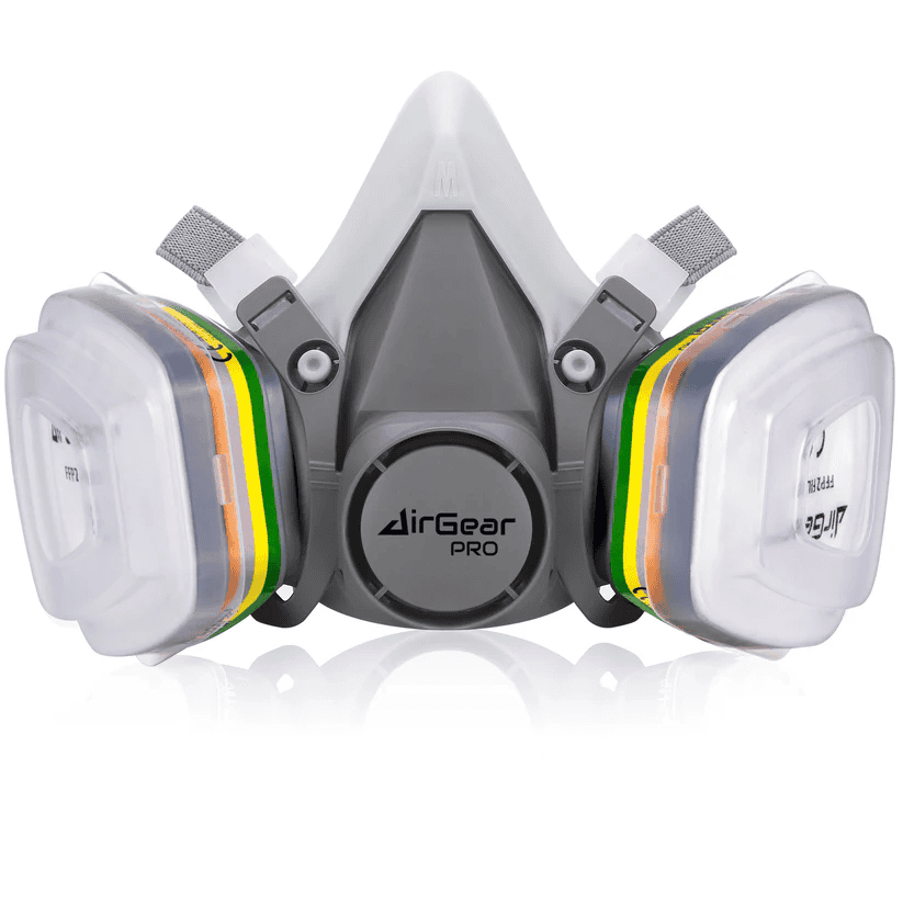 N95 respirator mask with dual filters, adjustable straps, and lightweight design for superior respiratory protection and comfort. Perfect for industrial, construction, or COVID-19 safety.