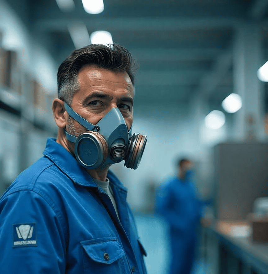 Industrial worker wearing a respirator mask in a manufacturing or warehouse setting, emphasizing safety gear and industrial environment for AirGearPro relevance.