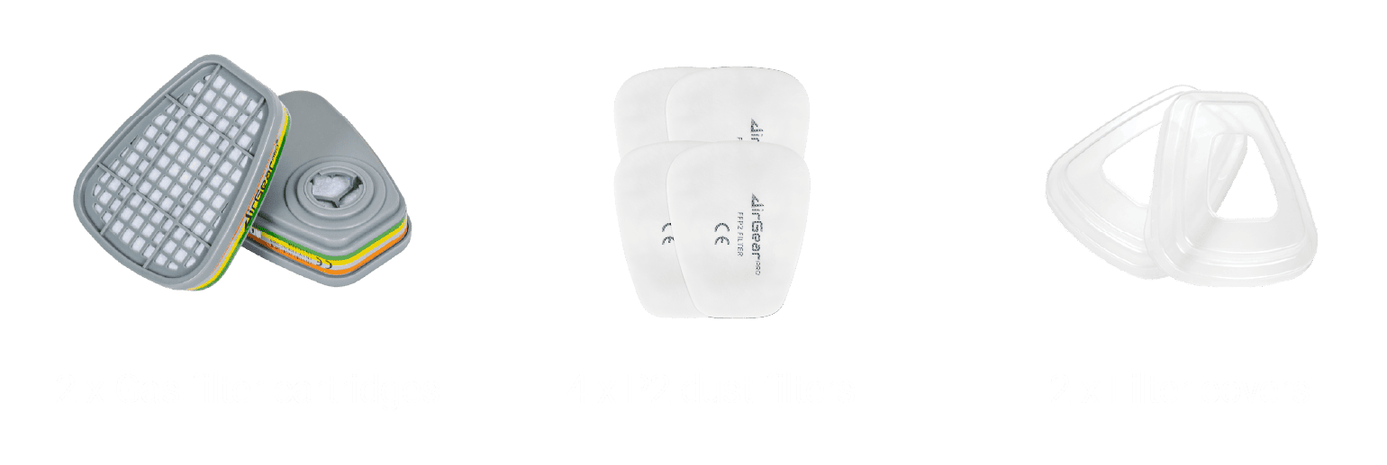 Replacement filters for AirGearPro, including gas filter cartridges, P2 dust filters, and filter covers for optimal air purification and protection.