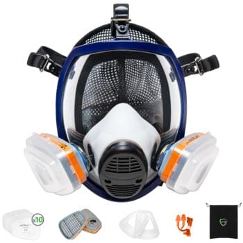Revolutionize your safety with the AirGearPro full-face mask kit, including filters, hose, and carrying bag for breathable, secure protection during respiratory emergencies or industrial use.