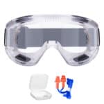 Anti-fog sports goggles with UV protection, including ear plugs and cleaning case, ideal for swimming, water sports, and protection gear, featuring adjustable strap for a secure fit.