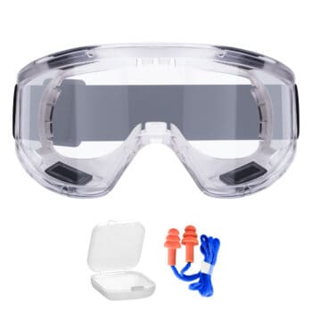 Anti-fog sports goggles with UV protection, including ear plugs and cleaning case, ideal for swimming, water sports, and protection gear, featuring adjustable strap for a secure fit.