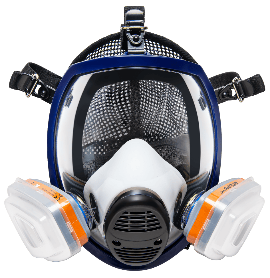 Air respirator mask with dual filters for safety and protection for industrial and hazardous environments.