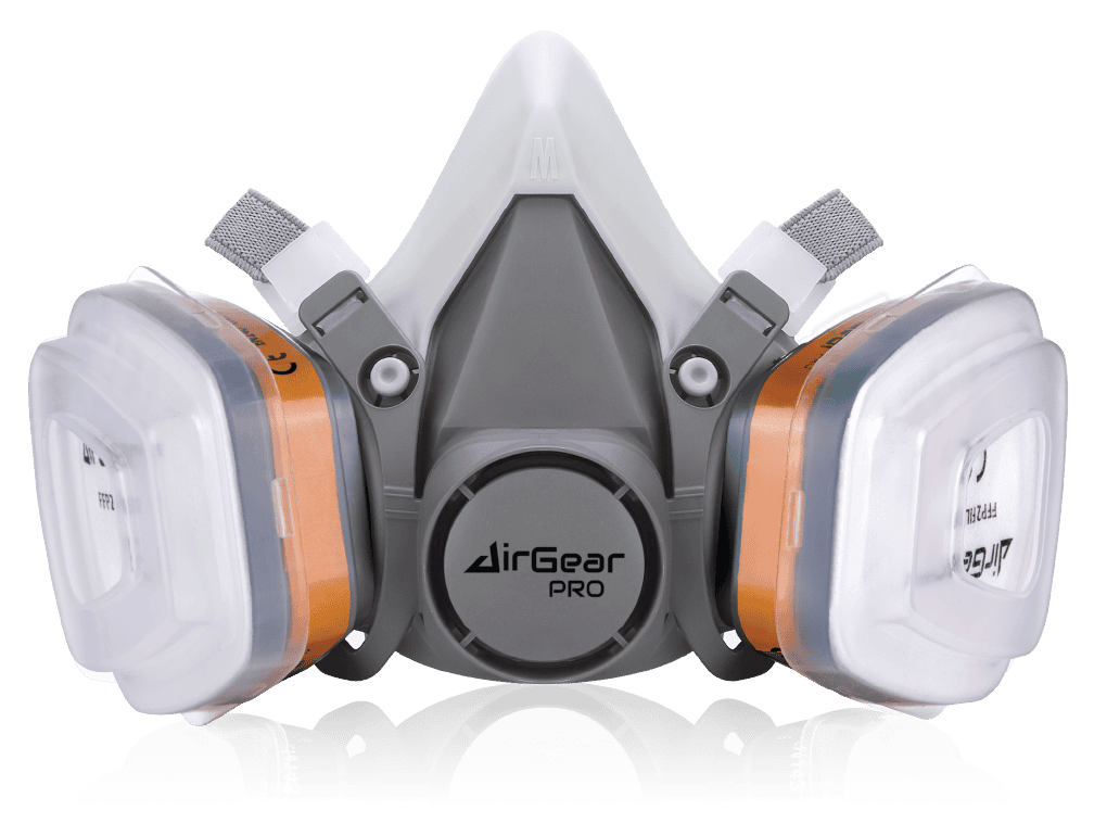 AirGearPro advanced respiratory mask with dual filters for enhanced protection and comfort for industrial and health environments.