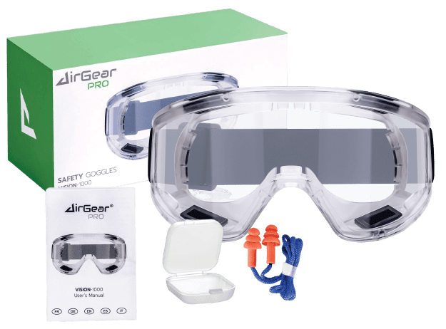 Enhanced safety goggles with comfortable fit, anti-fog lens, and included earplugs and carrying case for optimal protection during industrial or lab activities.