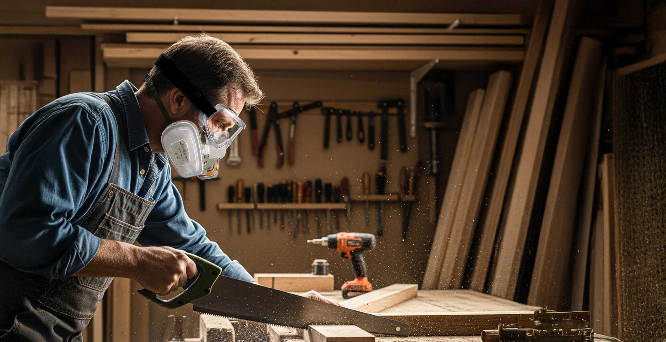 High-quality image of a skilled woodworker cutting wood in a workshop, using protective gear like a respirator mask and safety goggles. The workshop is well-equipped with various tools and wooden materials.