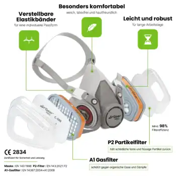 Airgearpro respiratory mask with adjustable straps and integrated filters for protected breathing and air purification.