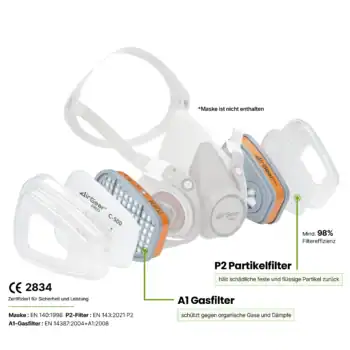 Airgearpro safety respirator mask with HEPA and gas filters for hazardous particles and gases.