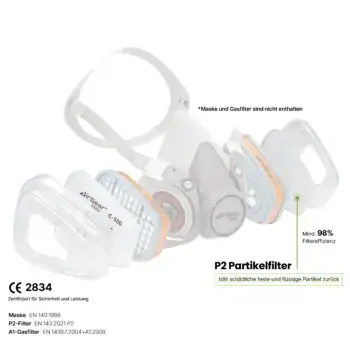 Silicone air respirator mask with P2 particle filter, high filtration efficiency up to 98%, suitable for safety and industrial use, easy adjustable straps, complies with CE 2834 standards.